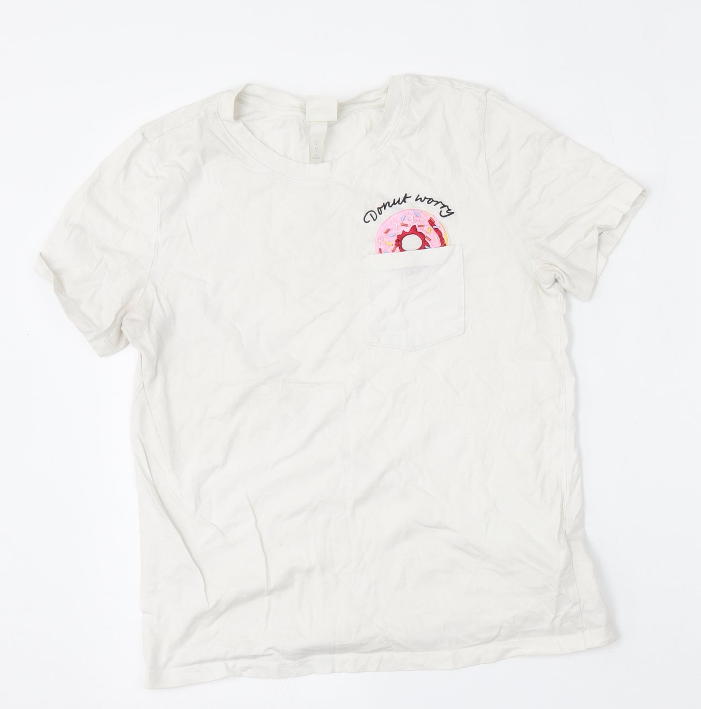 H&M Womens White  Cotton Basic T-Shirt Size S Round Neck - Donut Worry