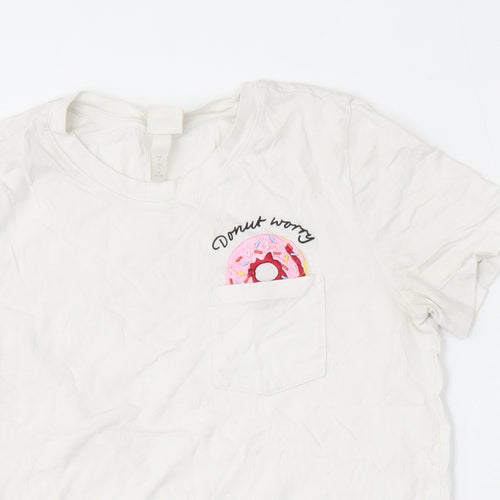 H&M Womens White  Cotton Basic T-Shirt Size S Round Neck - Donut Worry