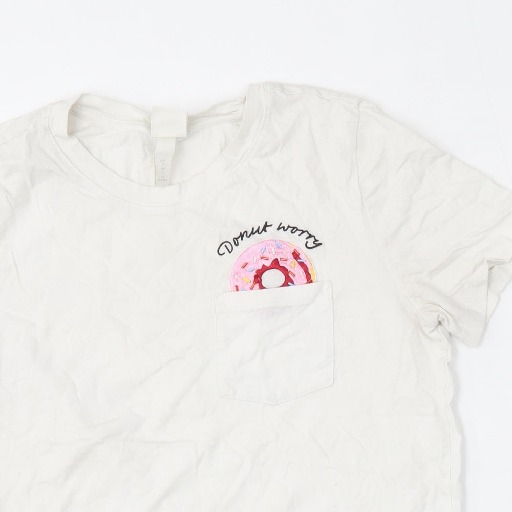 H&M Womens White  Cotton Basic T-Shirt Size S Round Neck - Donut Worry