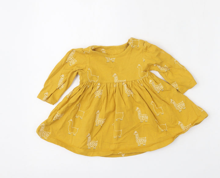 Marks and Spencer Girls Yellow Geometric Cotton Skater Dress Size 3-6 Months Round Neck