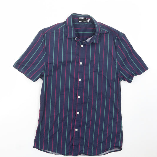 Front view of ASOS men’s blue striped cotton button-up, size S, collared button