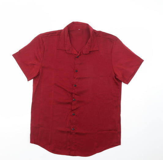 Front view of SheIn women’s red polyester basic button-up, size M, collared