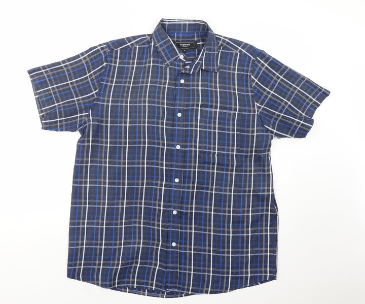Originals Mens Blue Plaid Polyester  Button-Up Size M Collared Button
