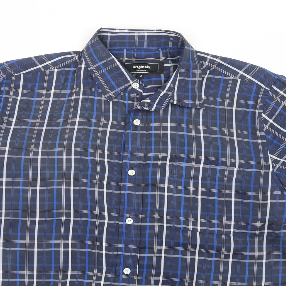 Originals Mens Blue Plaid Polyester  Button-Up Size M Collared Button