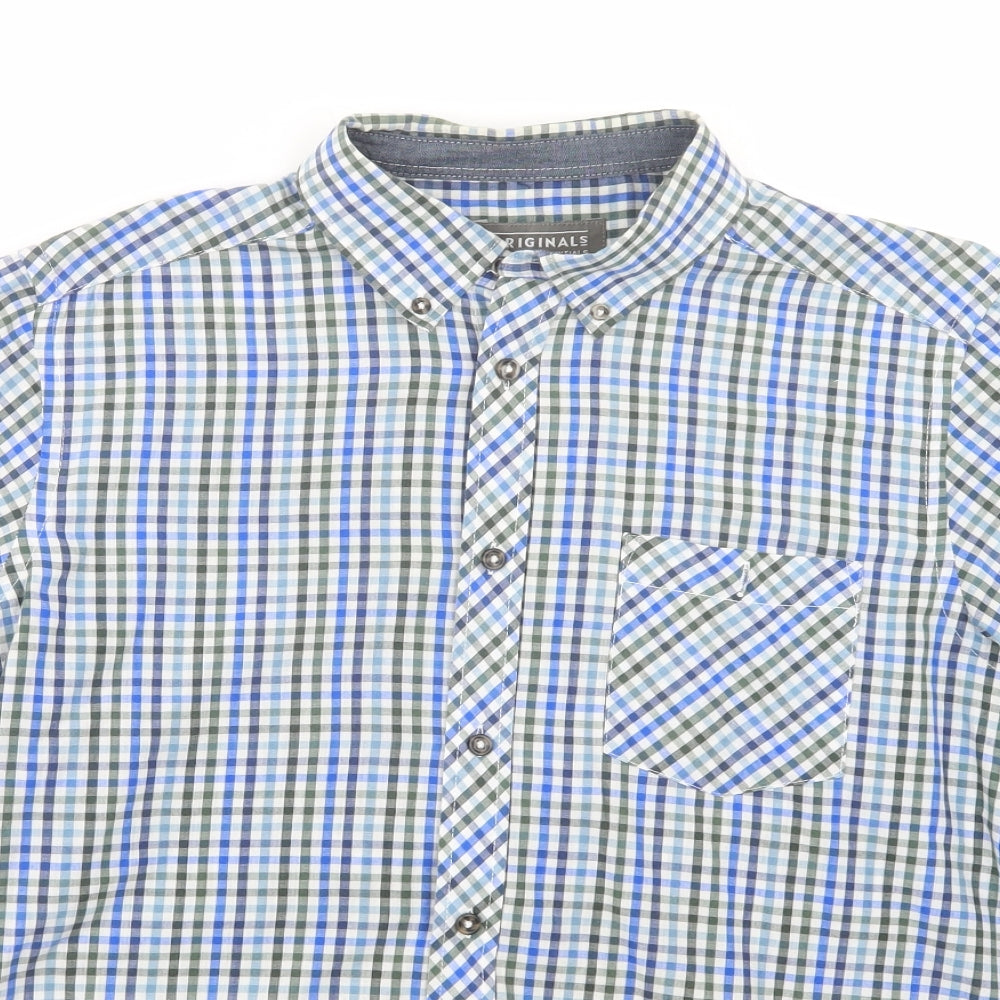 Originals Mens Blue Plaid Polyester  Button-Up Size M Collared Button