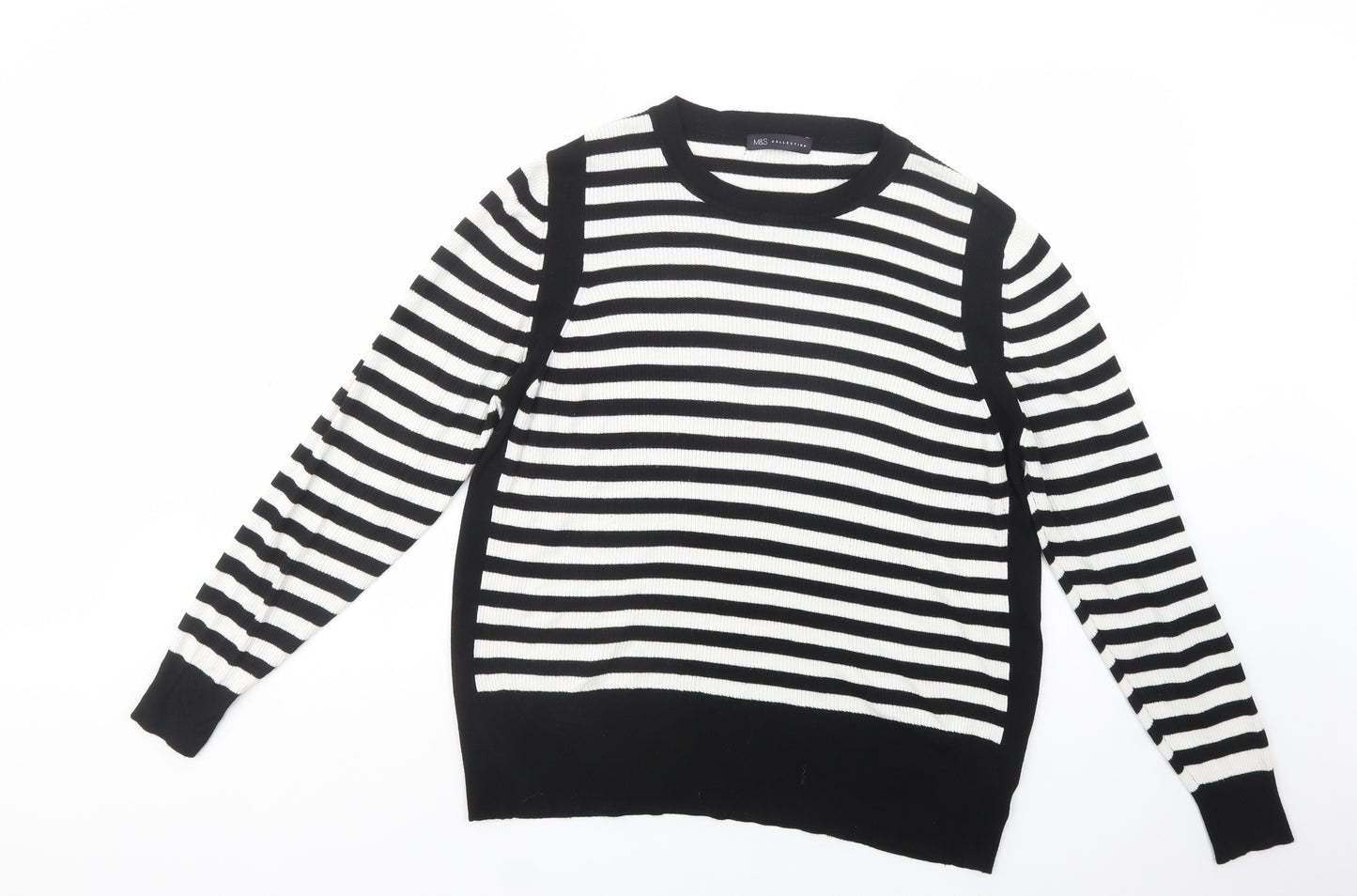 Marks and Spencer Womens Black Boat Neck Striped Viscose Pullover Jumper Size 24