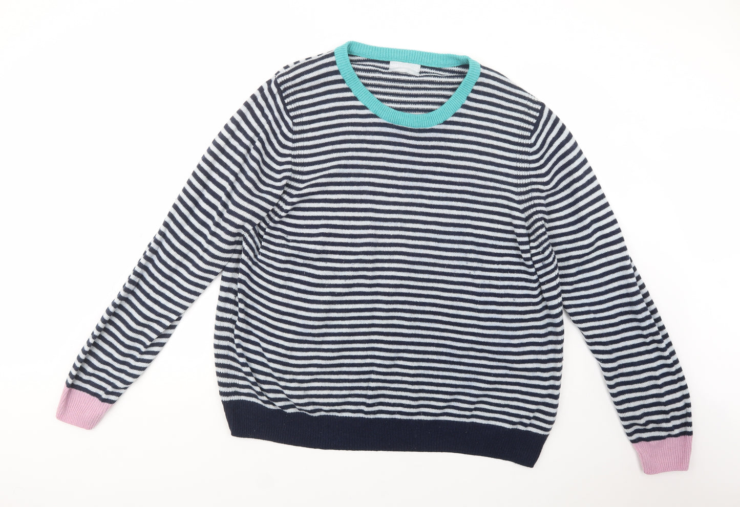 Marks and Spencer Womens Blue Crew Neck Striped Wool Pullover Jumper Size 24