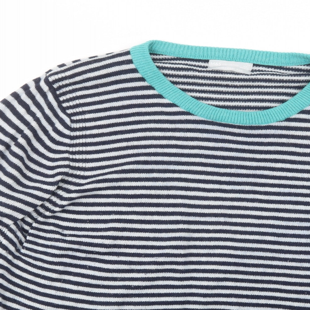 Marks and Spencer Womens Blue Crew Neck Striped Wool Pullover Jumper Size 24