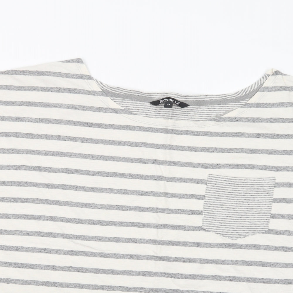 Bonmarché Womens Grey Striped Cotton Basic T-Shirt Size 22 Boat Neck