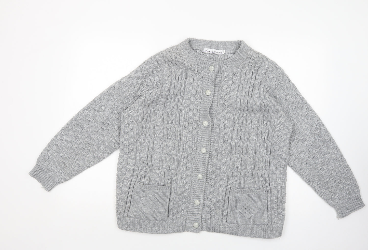 Pure & Natural Womens Grey Crew Neck  Acrylic Cardigan Jumper Size M
