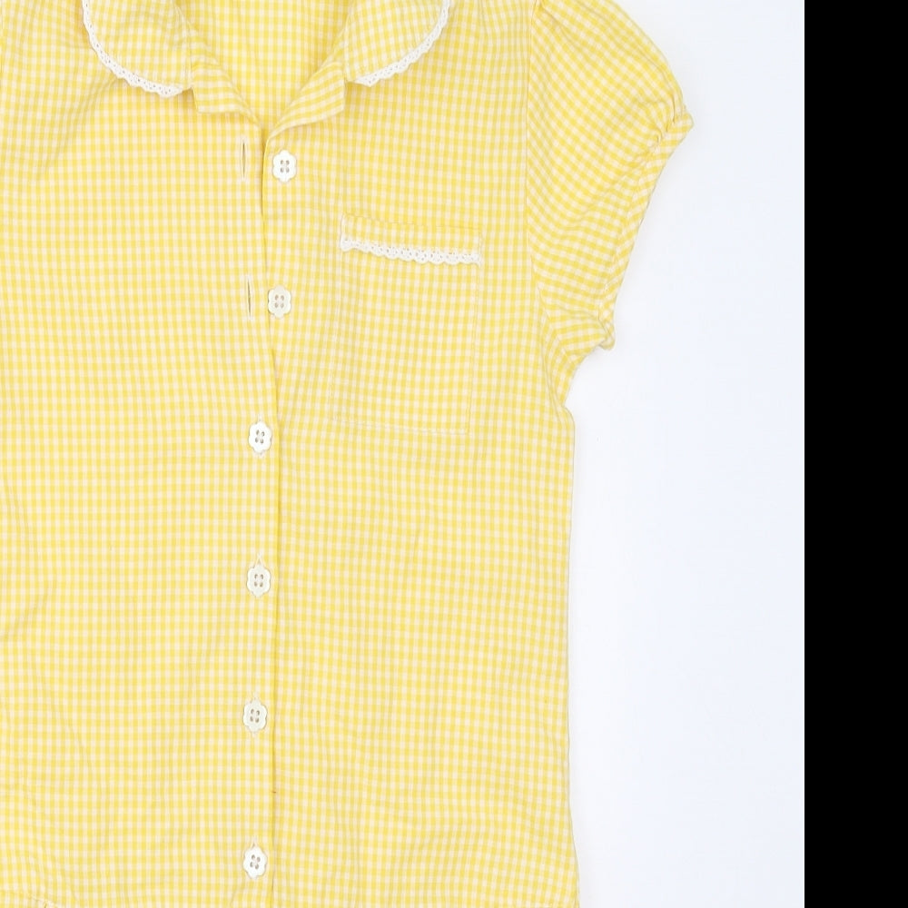 Marks and Spencer Girls Yellow Check Cotton Skater Dress  Size 8-9 Years  Collared Button