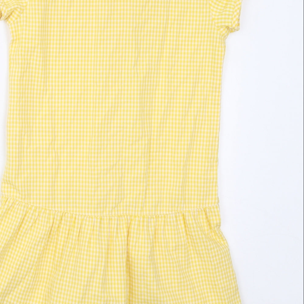 Marks and Spencer Girls Yellow Check Cotton Skater Dress  Size 8-9 Years  Collared Button