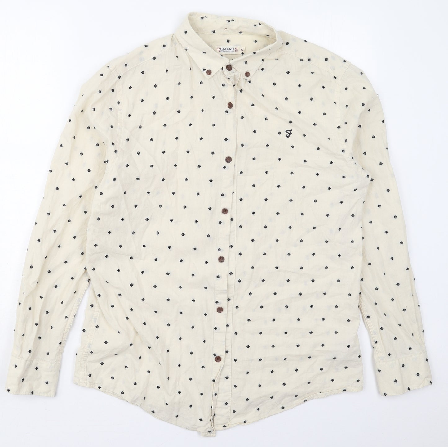 Farah Mens Beige Geometric Cotton  Button-Up Size L Collared Button