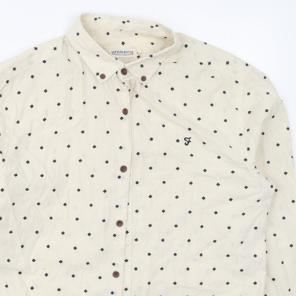 Farah Mens Beige Geometric Cotton  Button-Up Size L Collared Button