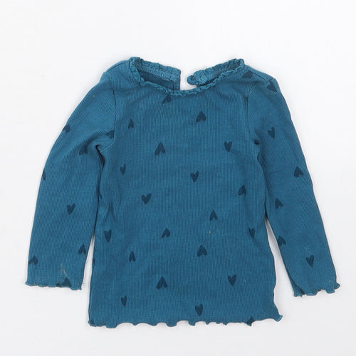 Dunnes Girls Blue  Cotton Basic T-Shirt Size 6-9 Months Crew Neck Button - Hearts