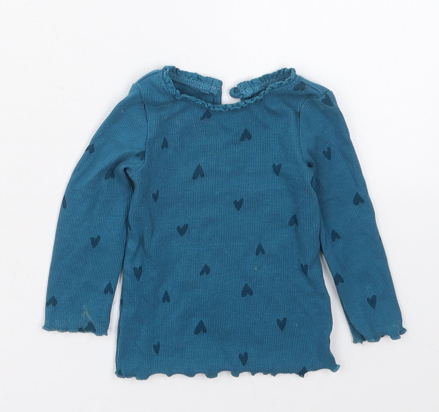 Dunnes Girls Blue  Cotton Basic T-Shirt Size 6-9 Months Crew Neck Button - Hearts