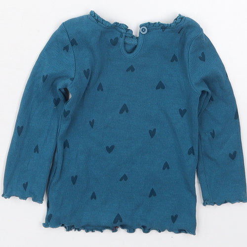 Dunnes Girls Blue  Cotton Basic T-Shirt Size 6-9 Months Crew Neck Button - Hearts
