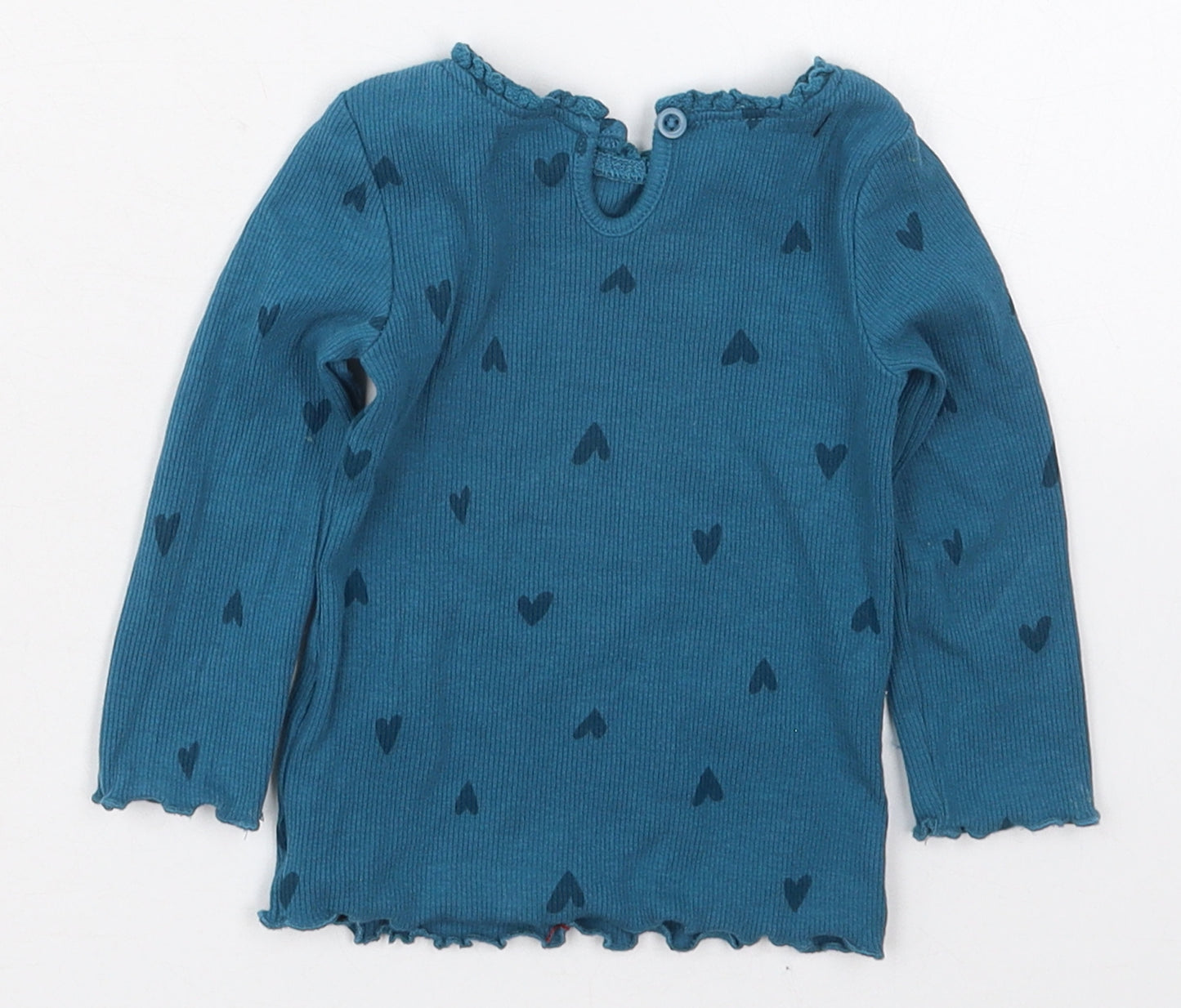 Dunnes Girls Blue  Cotton Basic T-Shirt Size 6-9 Months Crew Neck Button - Hearts