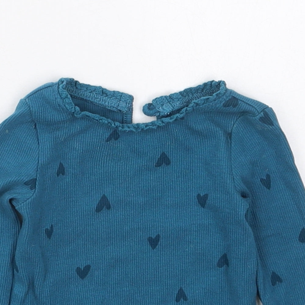 Dunnes Girls Blue  Cotton Basic T-Shirt Size 6-9 Months Crew Neck Button - Hearts