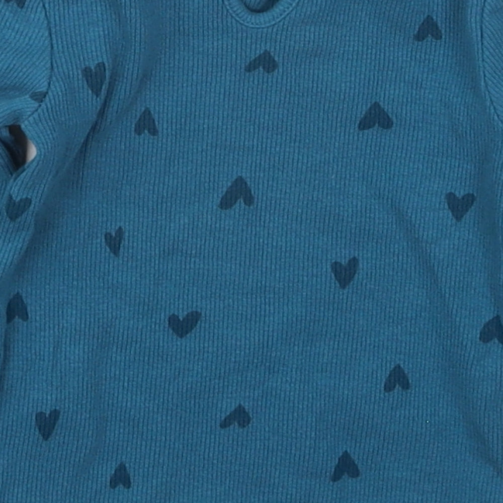 Dunnes Girls Blue  Cotton Basic T-Shirt Size 6-9 Months Crew Neck Button - Hearts