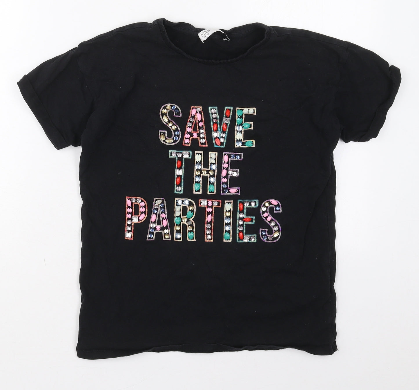 Marks and Spencer Girls Black  Cotton Basic T-Shirt Size 13-14 Years Crew Neck Pullover - Save The Parties