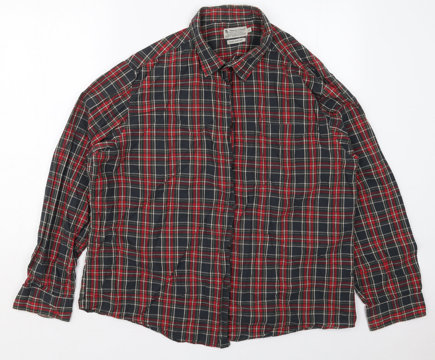 TU Mens Red Check Cotton  Button-Up Size 2XL Collared Button