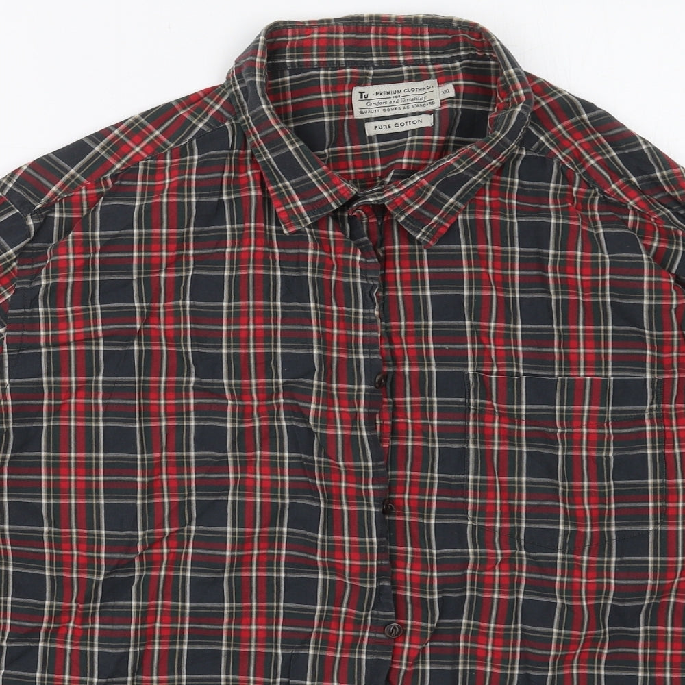TU Mens Red Check Cotton  Button-Up Size 2XL Collared Button