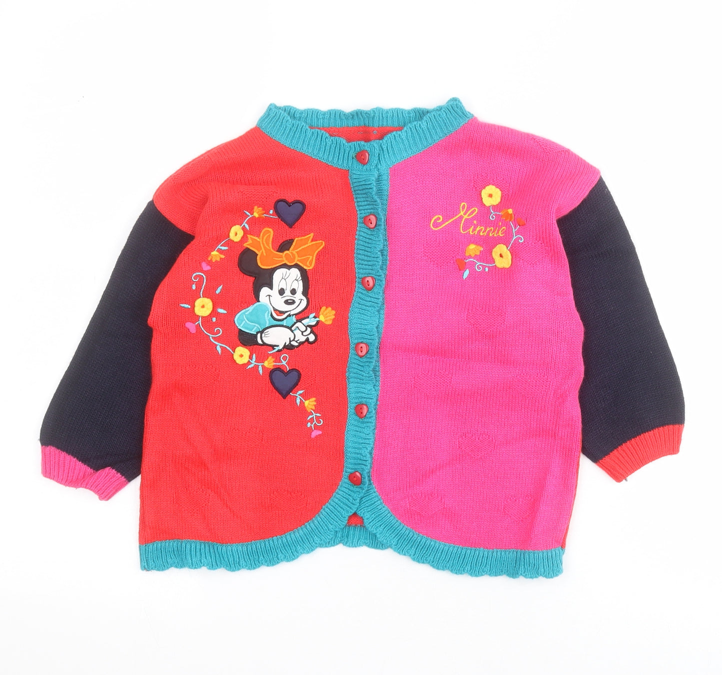 St Michael Girls Pink Round Neck Colourblock Acrylic Cardigan Jumper Size 3-4 Years  Button - Minnie Mouse