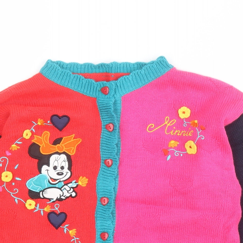 St Michael Girls Pink Round Neck Colourblock Acrylic Cardigan Jumper Size 3-4 Years  Button - Minnie Mouse