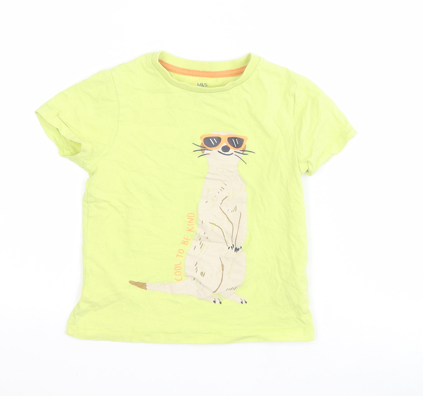 Marks and Spencer Boys Yellow  Cotton Pullover T-Shirt Size 4-5 Years Crew Neck Pullover - Meerkat