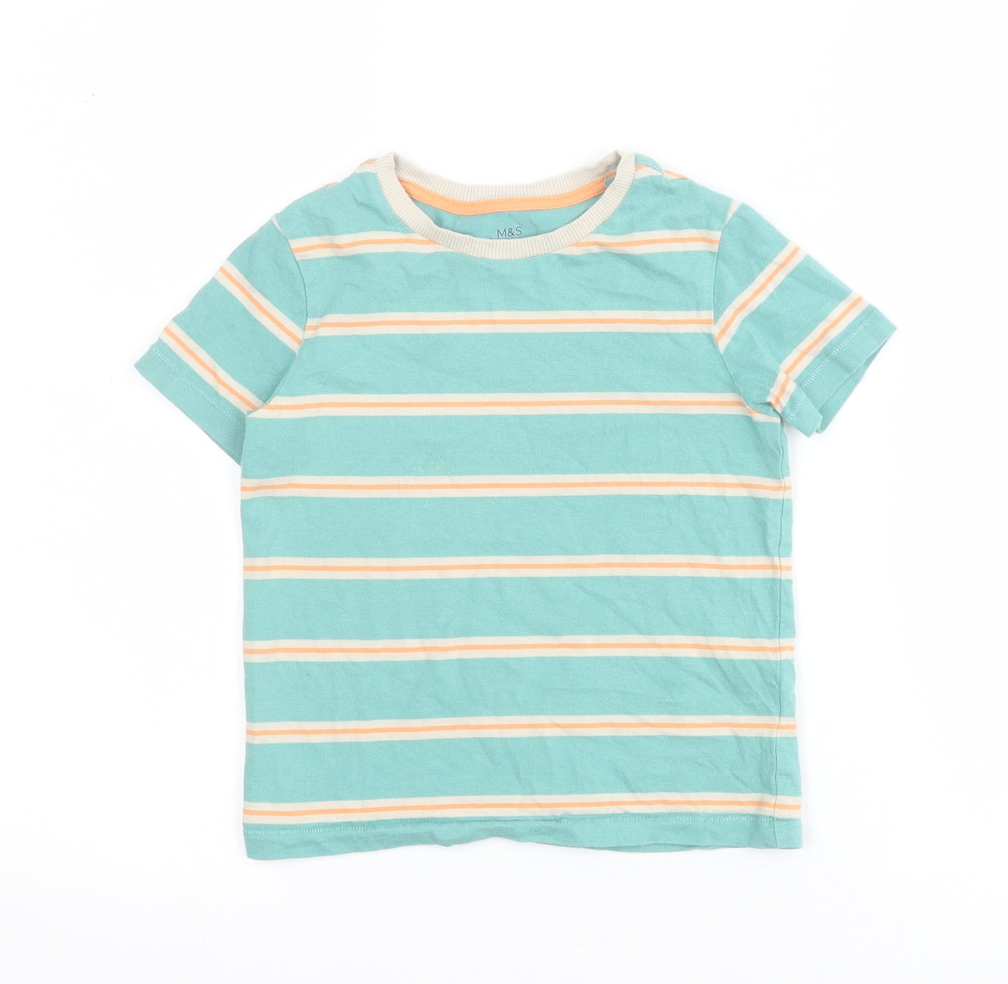 Marks and Spencer Boys Green Striped Cotton Pullover Polo Size 4-5 Years Crew Neck Pullover