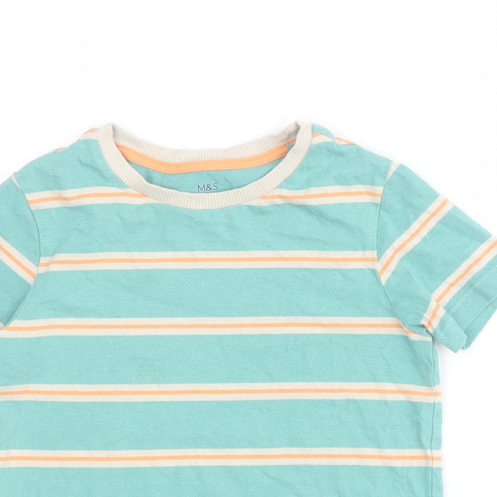 Marks and Spencer Boys Green Striped Cotton Pullover Polo Size 4-5 Years Crew Neck Pullover