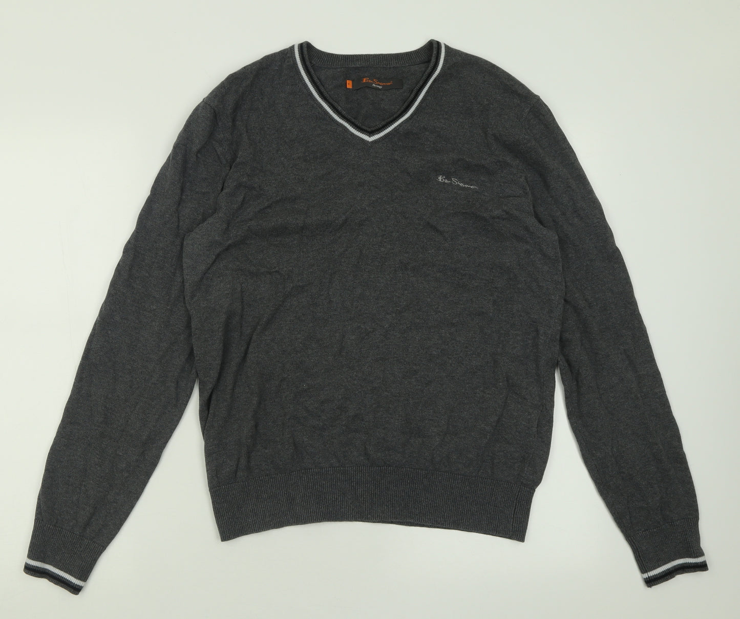 Ben Sherman Mens Grey V-Neck  Cotton Pullover Jumper Size M