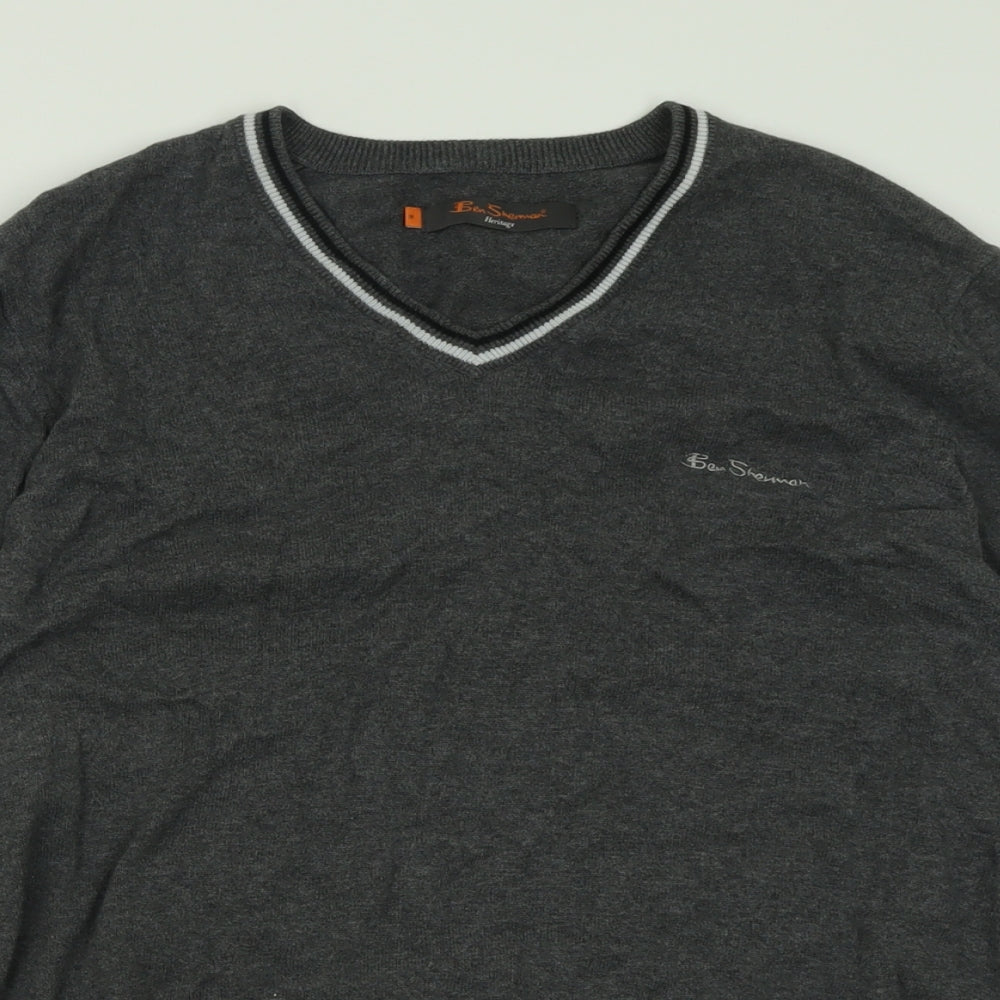 Ben Sherman Mens Grey V-Neck  Cotton Pullover Jumper Size M