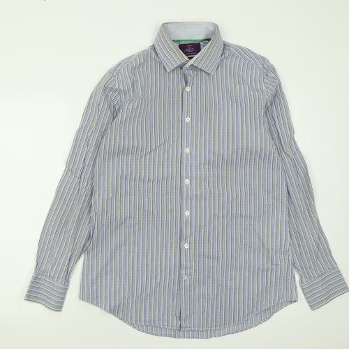 Hawes & Curtis Mens Blue Plaid Polyester  Button-Up Size L Collared Button