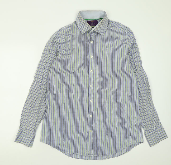 Hawes & Curtis Mens Blue Plaid Polyester  Button-Up Size L Collared Button