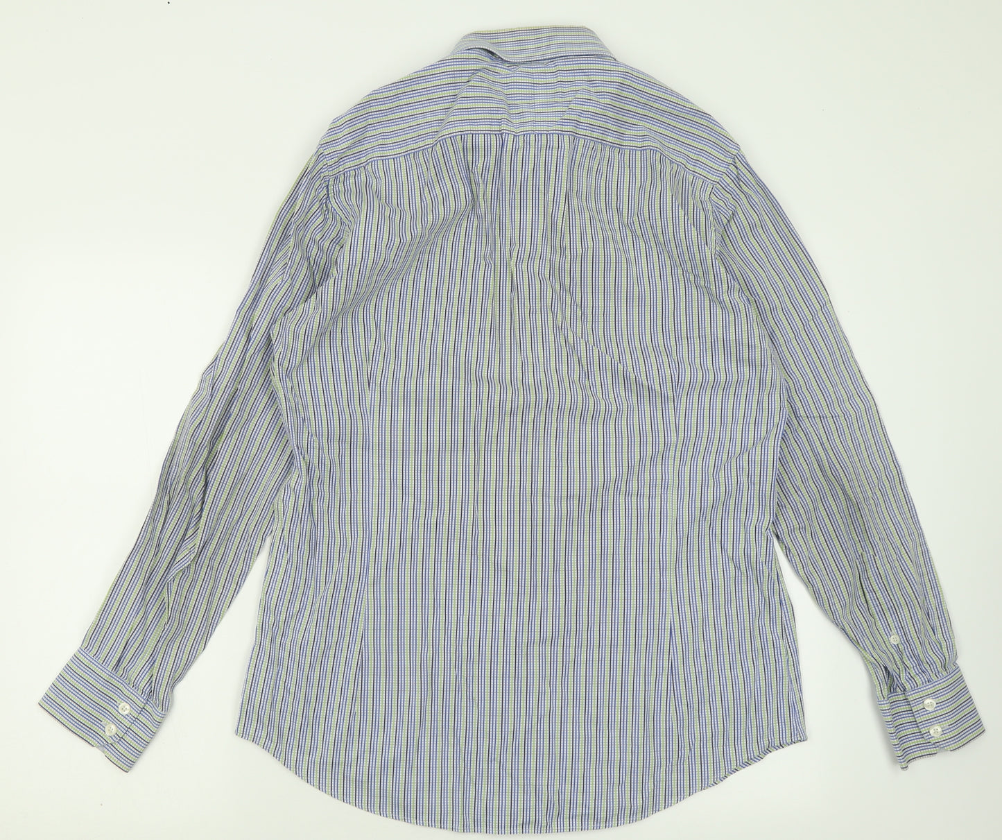 Hawes & Curtis Mens Blue Plaid Polyester  Button-Up Size L Collared Button