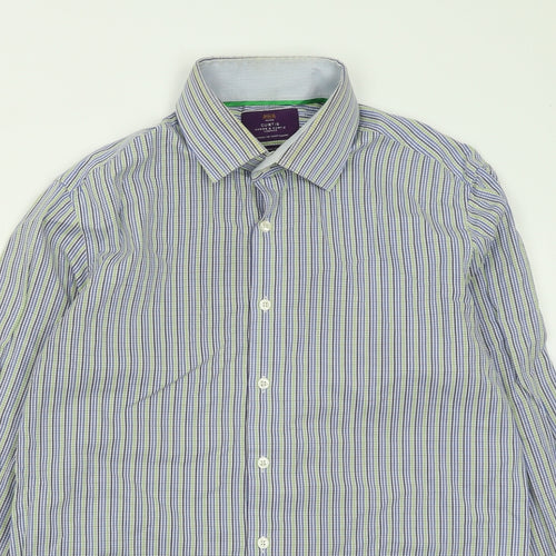 Hawes & Curtis Mens Blue Plaid Polyester  Button-Up Size L Collared Button