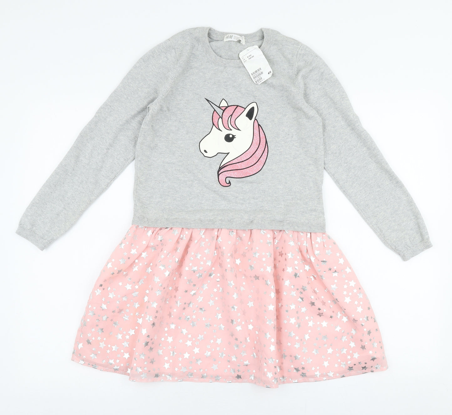 H&M Girls Multicoloured  Polyester Skater Dress  Size 9-10 Years  Round Neck Pullover - Unicorn