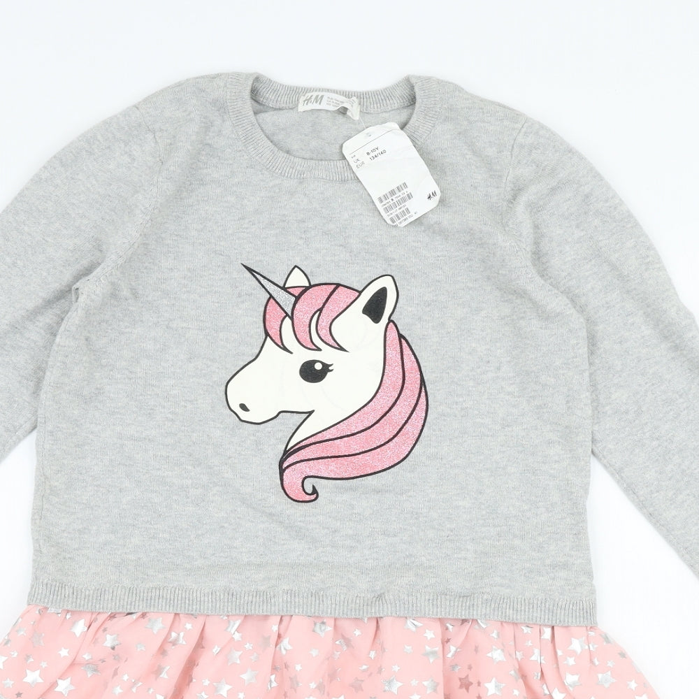 H&M Girls Multicoloured  Polyester Skater Dress  Size 9-10 Years  Round Neck Pullover - Unicorn