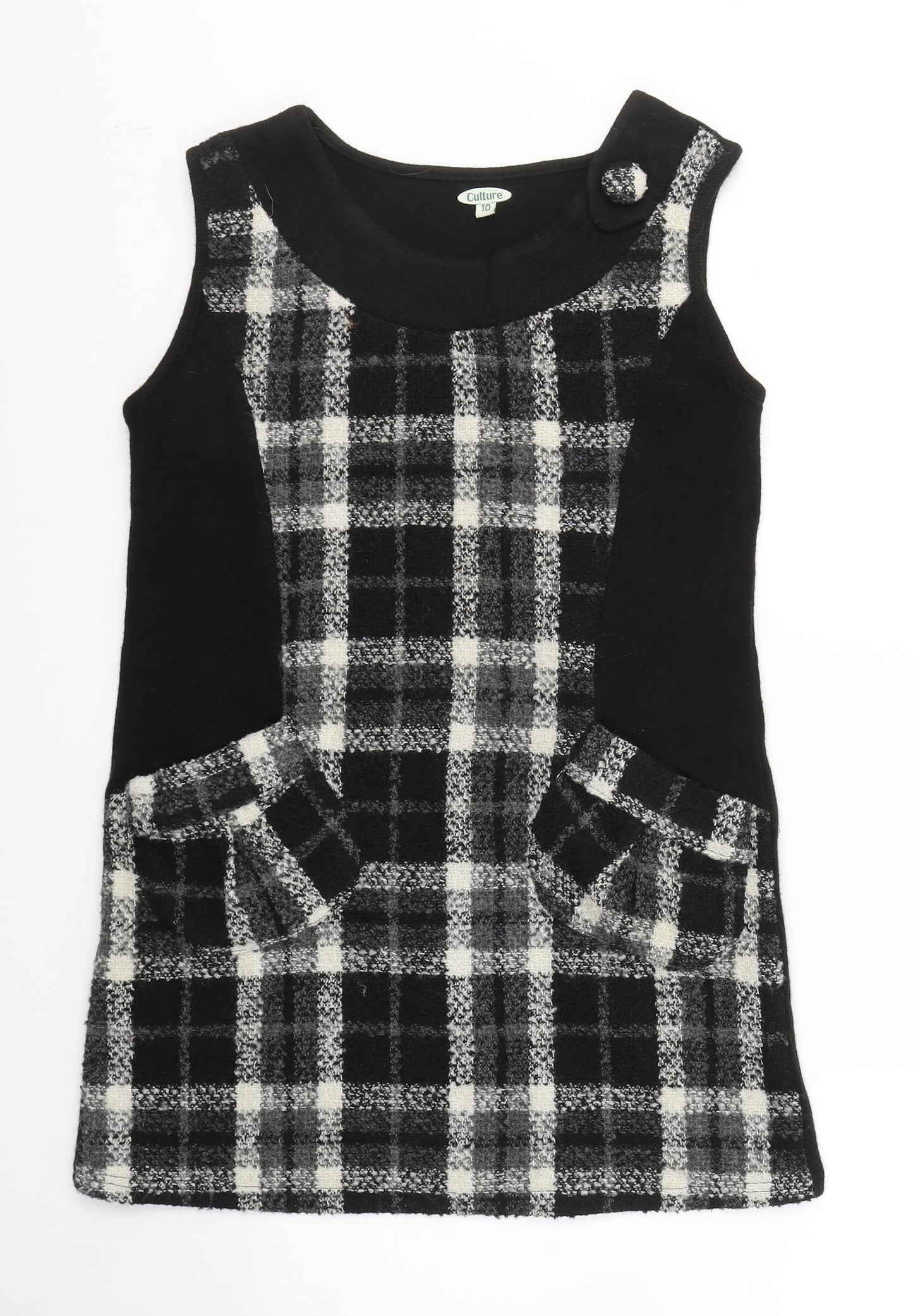 CULTURE Womens Black Round Neck Plaid Polyester Tunic Jumper Size 10