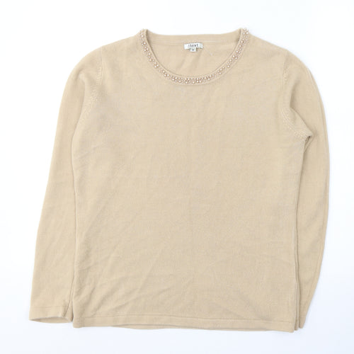 //Text Womens Beige Round Neck  Acrylic Pullover Jumper Size M
