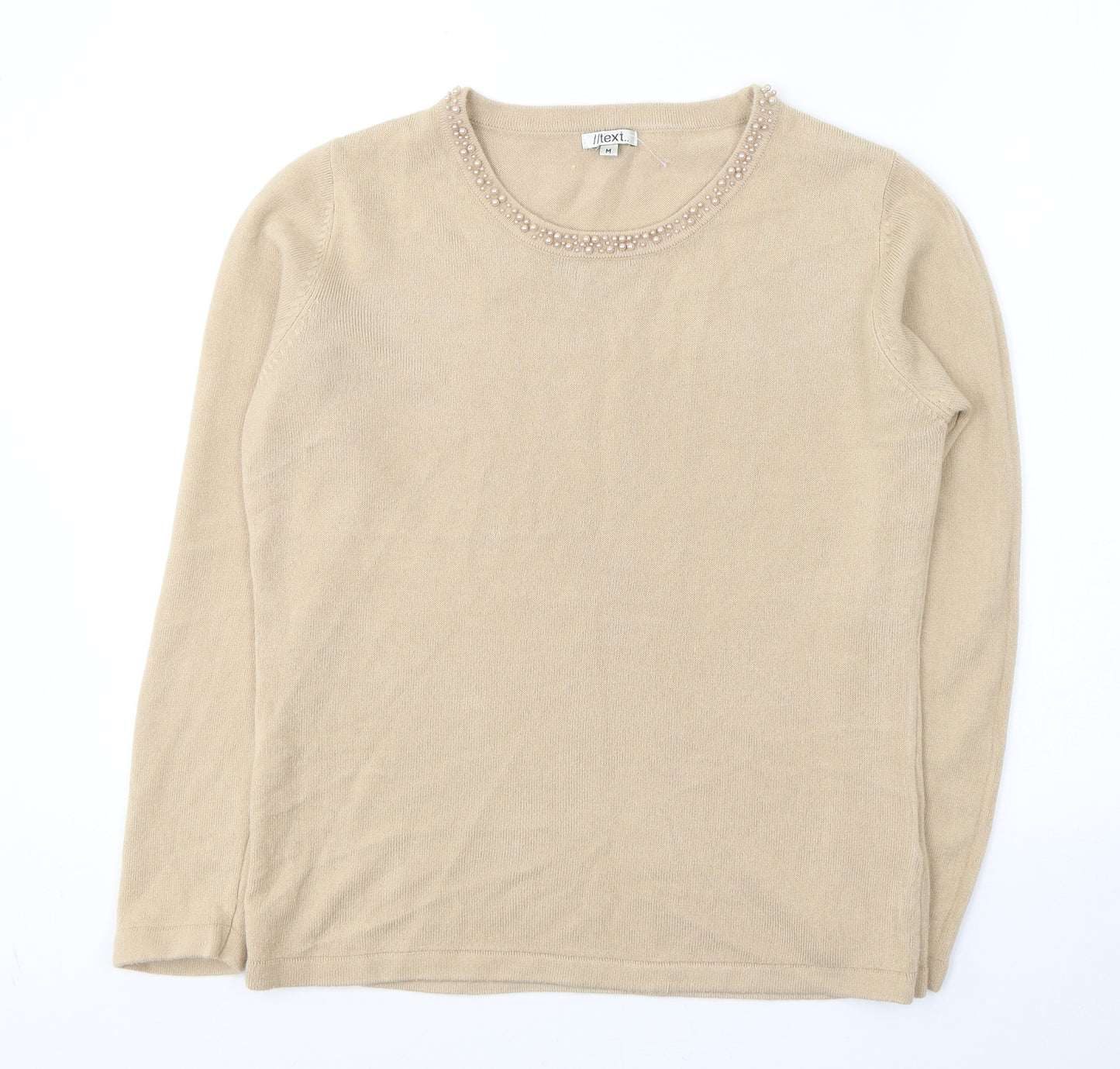 //Text Womens Beige Round Neck  Acrylic Pullover Jumper Size M