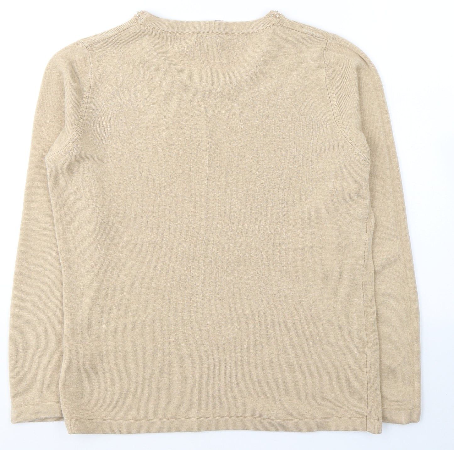 //Text Womens Beige Round Neck  Acrylic Pullover Jumper Size M