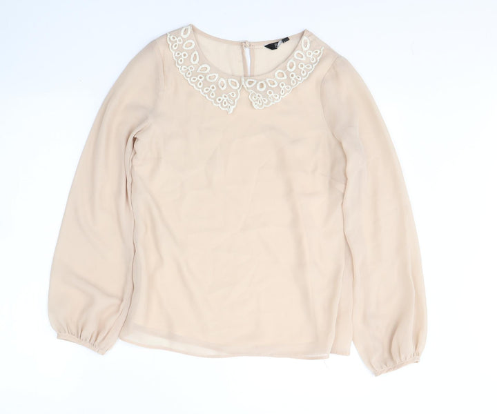 F&F Womens Beige Animal Print Polyester Basic Blouse Size 8 Round Neck