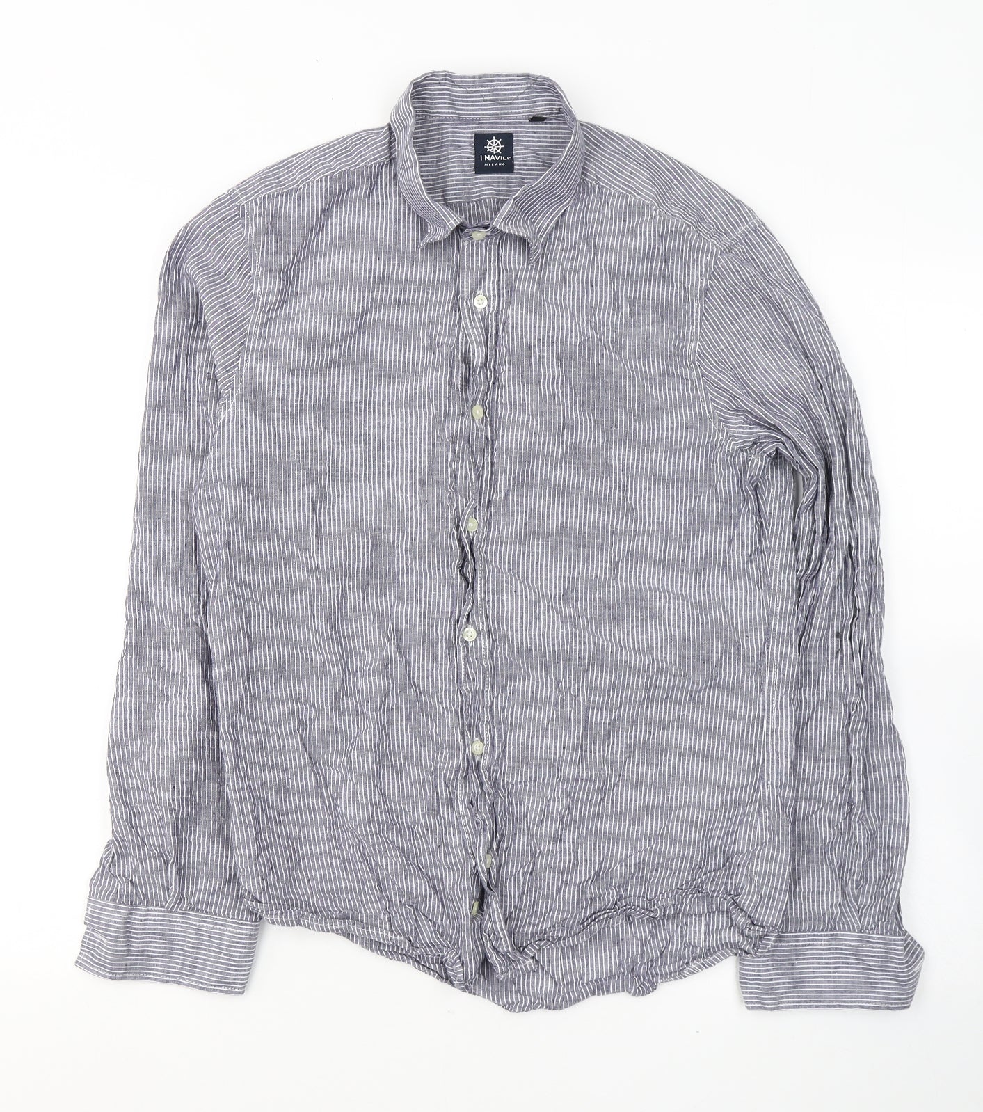 I Navili Mens Grey Striped Linen  Button-Up Size M Collared Button