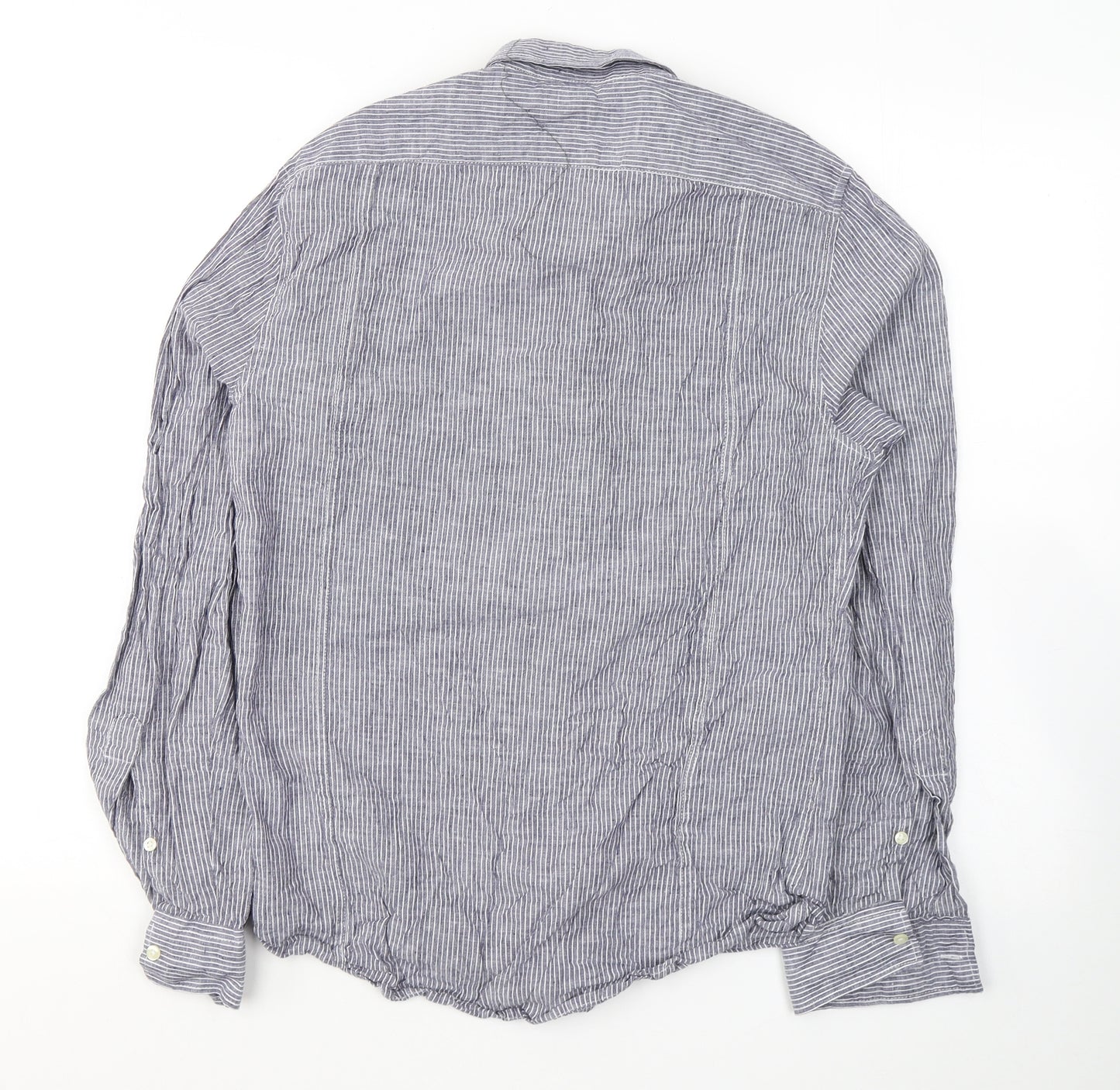 I Navili Mens Grey Striped Linen  Button-Up Size M Collared Button