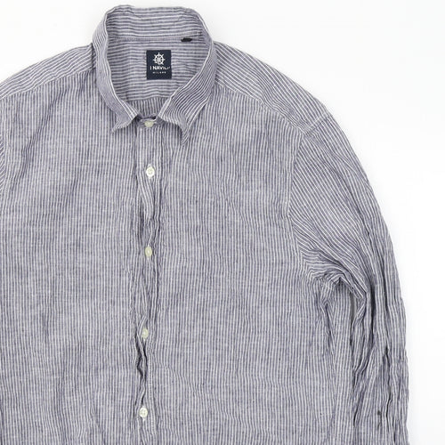 I Navili Mens Grey Striped Linen  Button-Up Size M Collared Button