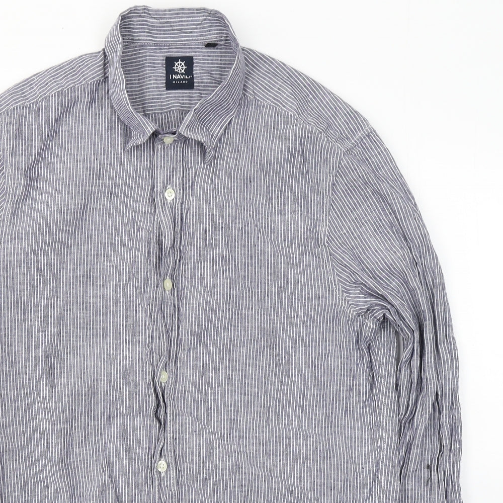 I Navili Mens Grey Striped Linen  Button-Up Size M Collared Button