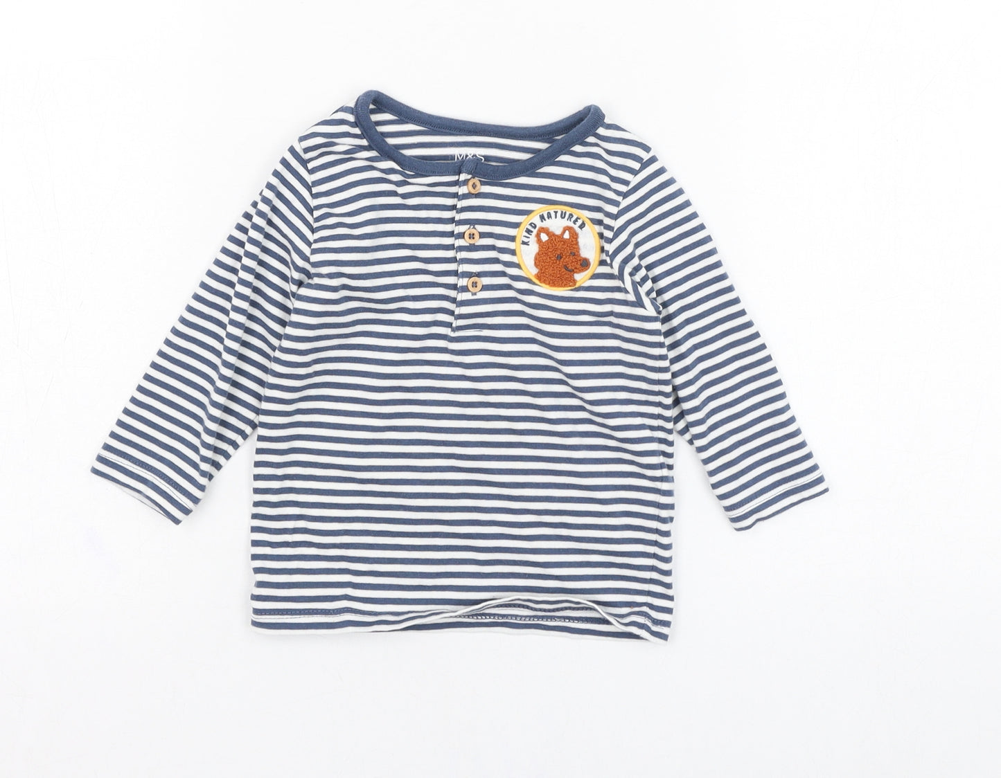 Marks and Spencer Boys Blue Striped Cotton Basic T-Shirt Size 9-12 Months Round Neck Pullover - Bear